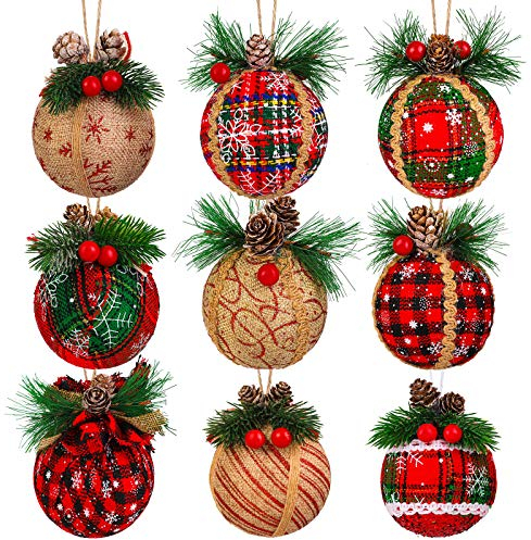 ELCOHO 9 Piece Rustic Christmas Tree Baubles - Shatterproof Hanging Ornaments for Decorations