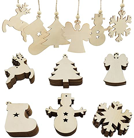 PUERHUACI Decorazioni Albero di Natale in Legno, 60 Pezzi, Ciondolo Ornamenti Set per Fai-da-Te, Decorazione della Festa di Natale a Casa