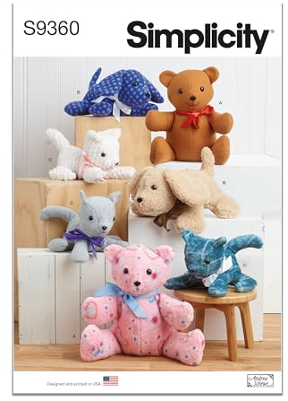 Simplicity SS9360OS Undefiniertes Stoffhandwerk, bezaubernder Plüsch, 45,7 cm Bär, 30,5 cm langer Welpe und 25,4 cm lange Kätzchen sind super einfach zu nähen, weiß, Einheitsgröße
