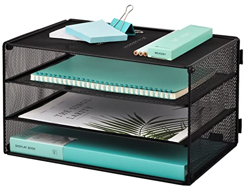 EASEPRES Letter Tray Organiser, 3 Tier Mesh Paper Holder Storage Filing Trays for A4 File, Black