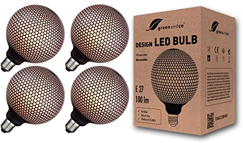 greenandco 4x Vintage Design LED Lampe schwarz gemustert | Sechsecke | dimmbar | E27 G125 | 4W 100lm | 1800K extra warmweiß | zur Stimmungsbeleuchtung | flimmerfrei 300° | 230V