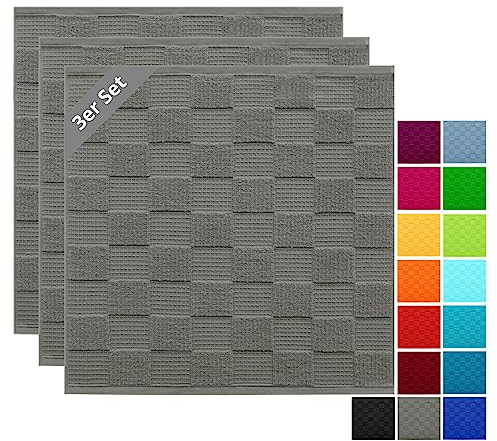 Lashuma 3er Set Küchenhandtücher 50x50 cm Grau - Dunkel, Waffelpique Geschirrtücher Lissabon, Frotteetücher