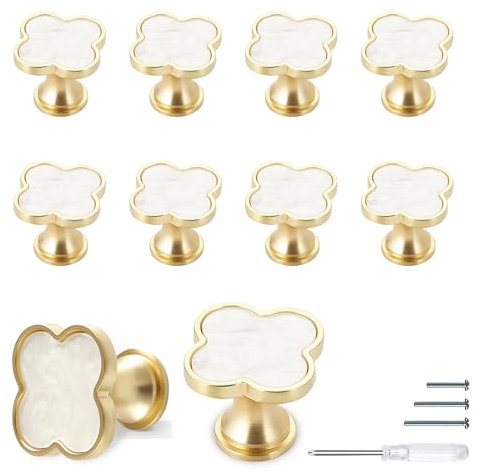 BASEPOW 10 Pack Cabinet knobs,Four-Leaf Clover Knobs Gold Drawer Dresser Knobs and Pulls,Furniture Kitchen Wardrobe Door Decorative Knob Zinc Alloy Single Hole Handle (White)