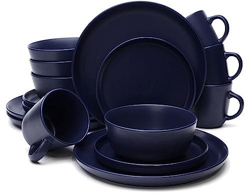 MÜLLERHEIM 903 Minimalist Collection 16-Piece Contemporary Ceramic Stoneware Dinnerware Sets for 4, Matte Blueberry Blue Plates and Bowls sets, Dinner Plates Set, Salad Dish Set, Bowls, Cup