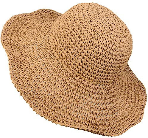 Crochet Straw Sun Hat for Women Floppy Beach Sun Hat Soft Large Lady Bucket Hat Foldable Travel Summer Medium, Khaki, M