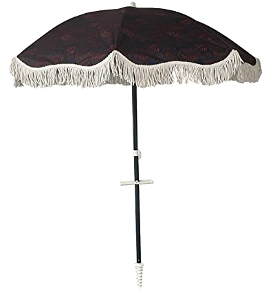 NJN 6,56 ft Gartenschirm, weinrot bedruckter Quasten-Strandschirm mit Drehgelenk, Netztasche aus demselben Stoff, Spiralbasis