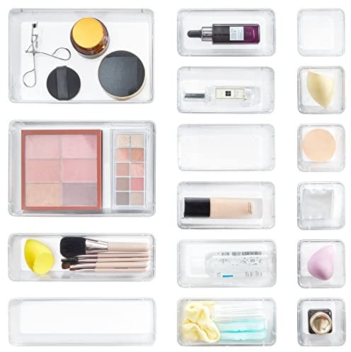 Lifewit 16 PCS Drawer Organizer Set Clear Plastic Desk Drawer Dividers Trays Dresser Storage Bins Separation Box for Makeup, Jewelries and Gadgets, Bedroom, Bathroom, Office