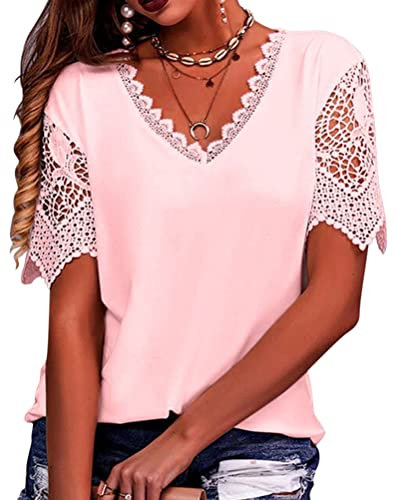 Onsoyours Chemisier Femme Sexy Chic Hauts À Manches Courtes Dentelle Ample Tunique Blouse Elégante Mode Col V Shirt Tops Imprimé D'été Vintage Basique Pull Top A Rose M