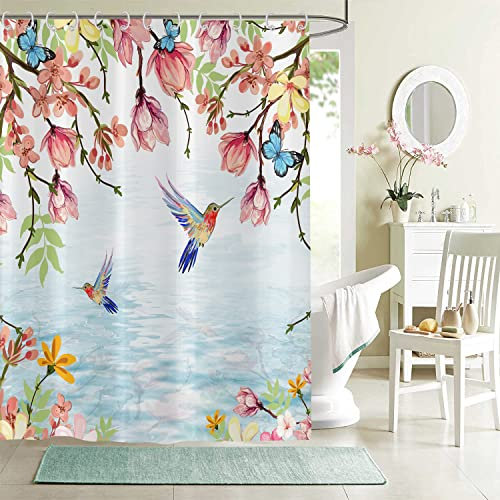 Hnmdmyi Duschvorhang Blumen Kolibri 180x200, Bunte Blumen Niedlicher Vogel Frühling Badewanne Vorhang Modern Aquarell Natürlich Pflanze Botanisch Ästhetisch Wasserdicht Stoff Waschbar Badevorhang