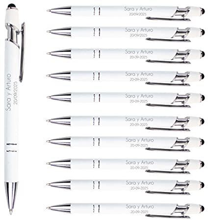 Pack 50 bolígrafos Personalizados con tu nombre o texto | Chrome Blanco | Puntero para dispositivos móviles | Grabado a láser | Lote bolígrafos publicitarios, bodas, comuniones, merchandising