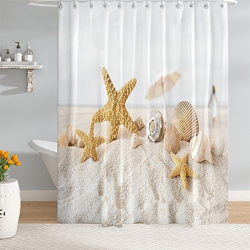 M&W Home Duschvorhang weißer Sandstrand mit Muscheln Seesternen Entspanntes Strandleben unter sonnigem Himmel Relax Hochwertiger Textilvorhang aus 100% wasserdichtem Polyester Größe 180x200cm