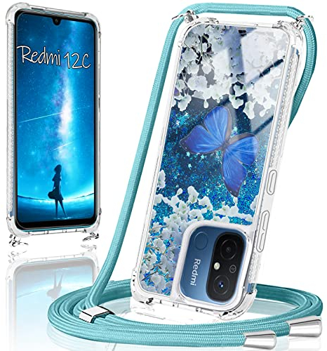 XCYYOO Handykette für Xiaomi Redmi 12C/11A 5G Hülle mit Band,Handyhülle Xiaomi Redmi 12C/11A 5G Glitzer Schmetterling mit Kette TPU Slim Bumper Kratzfest Stoßfest Schmetterling Schutzhülle mit Kordel