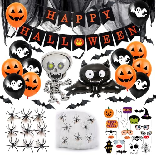 Meleager Halloween Deko Set - Dekostoff, Luftballons, Spinnennetz, Künstliche Spinnen, Fledermaus, Grusel Fotorequisiten, Banner für Party Dekoration Indoor, Outdoor, Garten