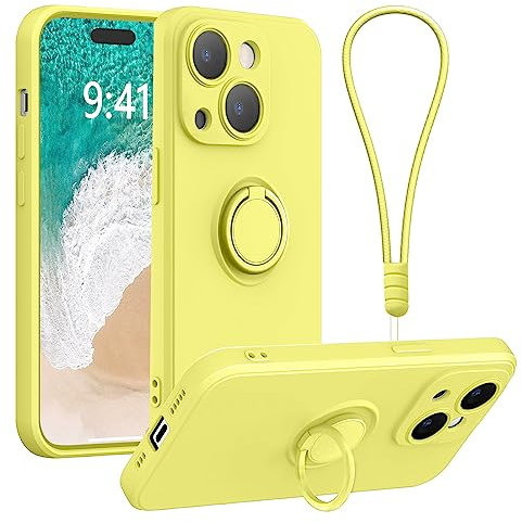 Galful iPhone 14 Plus Case with 360° Ring Holder Kickstand, Wrist Strap, Magnetic Car Mount, Shockproof Cover, Yellow