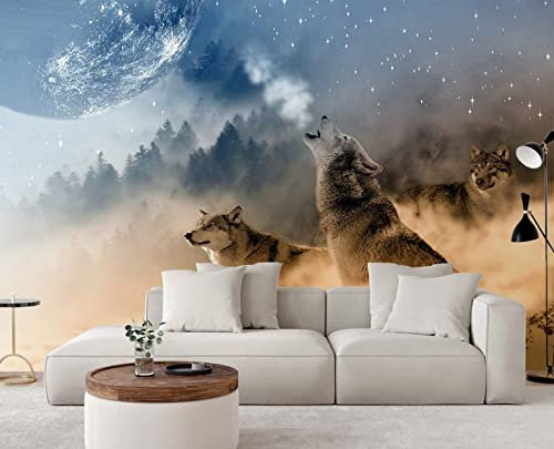 Papier Peint Panoramique Loup Du Ciel Nocturne Papier Peint Intissé 3D Tapisserie Poster Decoration Murale Chambre Salon