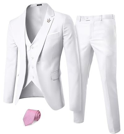 YND Herren Slim Fit 3-teiliges Anzug-Set, Ein-Knopf-Blazer, Weste, Hose mit Krawatte, Reines Weiß, L