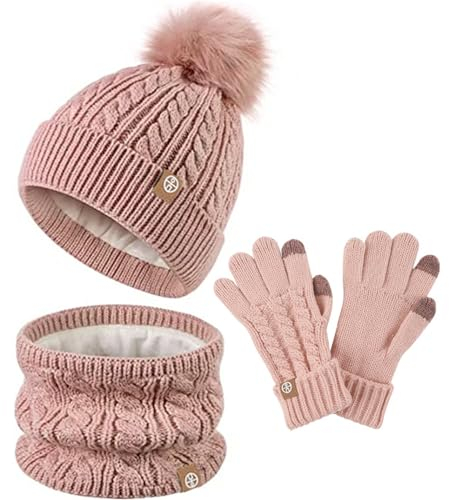 FeiliandaJJ Kindermütze + Loop Schal + Handschuhe Set Winter Babymütze Junge Mädchen Warme Kindermütze Junge Beanie Mütze Dicke Warme gefüttert Wintermütze für Herbst Winter 5-12 Jahre