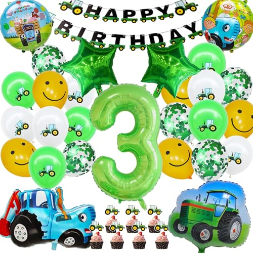 Geburtstagsdeko 3 Jahre Junge, 35 Stück Traktor Deko Enthält Cake Topper, Latexballons, Traktor Folienballon, Banner, Für Kinder geburtstag Party Supplies Deko