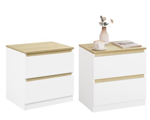 WOLTU Nachttisch 2er Set, Nachtschrank mit 2 Schubladen, Nachtkästchen Nachtkommode, Beistelltisch modern, für Schlafzimmer Wohnzimmer, 40x41x30 cm, aus Holz, Weiß helle Eiche, NTS08ws-2