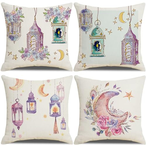 Viusneun 4 Stücke Ramadan Kissenbezüge Eid Mubarak Kissenhülle Goldene Mond Laterne Muster Eid Ramadan Wurfkissenbezüge für Muslim Dekoration Deko Sofa Wohnzimmer Kissen
