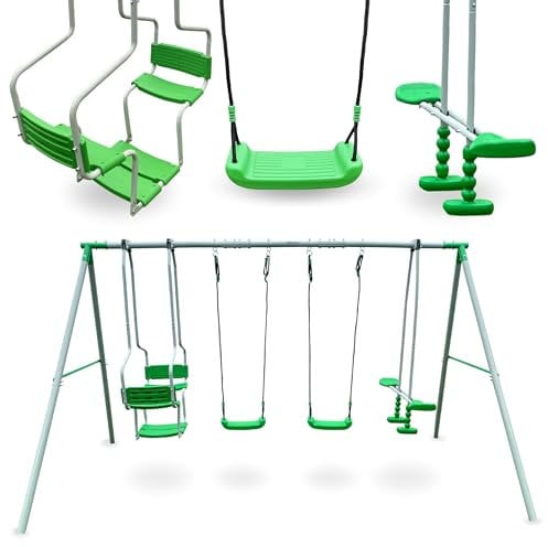 HyperMotion Columpio Infantil para Casa Jardín - Set de 6 Asientos para Niños, Estructura de Acero, Baby Swing con Cuerdas Ajustables, Saltador Bebe con Anclajes, Verde, 350x190cm