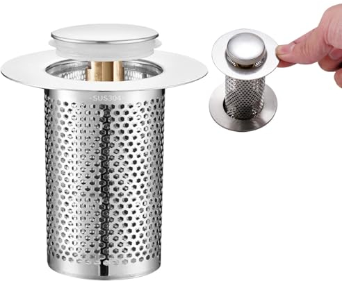 Tapón para lavabo, 33 – 55 mm, universal, colador de desagüe, acero inoxidable, con núcleo de rebote de latón