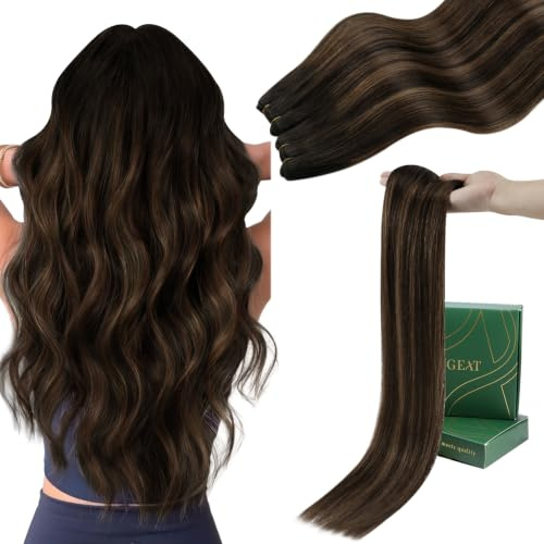 Ugeat Extensions Echthaar Tressen Braun Ombre Weft Hair 50 cm 100G #2/2/6 | Echthaar Extensions Tressen, Dunkelbraun mit Mittelbraun Balayage, glatt mit dezentem Glanz, für besondere Events