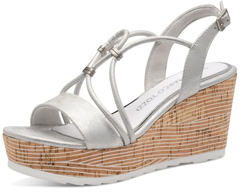 MARCO TOZZI Damen Sandalen mit Keilabsatz mit Verstellbarem Riemen Vegan, Silber (Silver), 38 EU