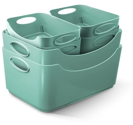 KEPLIN Plastic Studio Basket - Container Boxes for Storage Organising in Home or Office - Suitable for Shelfs Drawers Laundry Cupboard (Teal, Set of 6)