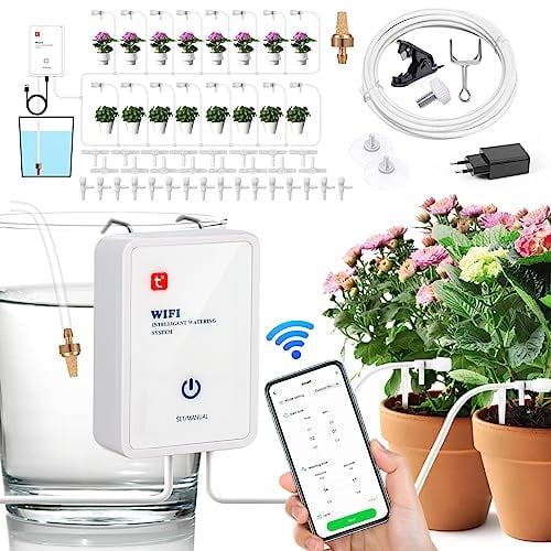 Sistema de Riego Automático WiFi para Interior, Kit de riego por Goteo de Bricolaje, Modo de riego Automático/Manual/Retardado Mediante Aplicación para Jardín/Plantas de Balcón/Plantas en Macetas