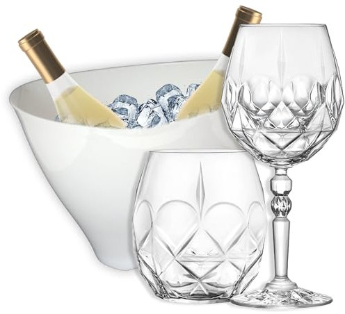 Sicignano Set 6 Calici CL.53 con 6 Bicchieri CL.38 Alkemist per Vino Acqua Whisky Liquori Cocktail, Cristallo Ecologico, Trasparenti, Resistenti ? Omaggio Secchiello Champagne Bianco 2 Bottiglie