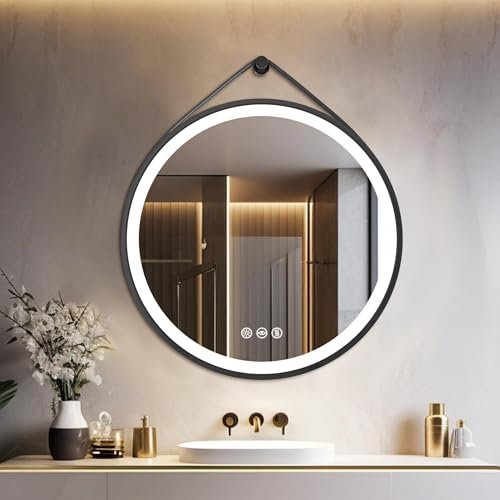 LUVODI Miroir Rond Salle de Bain avec Éclairage 60cm Anti buée Miroir LED avec 3 Couleurs Lumière Dimmable Fonction Mémoire IP65 Miroir Mural HD Verre Trempé avec Cadre en Noir
