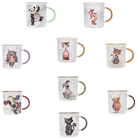 KIUB Set mit 9 Tassen mit Tieren (Katze, Hund, Eichhörnchen, Panda...) Fassungsvermögen 320 ml – Höhe 9,5 cm (3,7 Zoll) – Porzellan