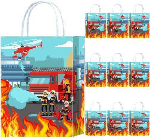 10 Stück Feuerwehrauto Party Taschen,Feuerwehrmann Geschenktüten,Feuerwehr Papiertüten mit Henkel,Feuerwehrauto Geburtstag Geschenktaschen,Feuerwehr Papier Gastgeschenke Tüten Mitgebseltüten