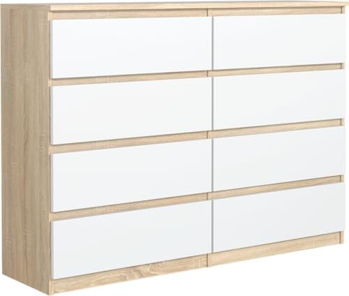 meble masztalerz Kommode mit 8 Schubladen 120 cm, Sideboard Wohnzimmer, Kommode Schlafzimmer H: 101,5 cm, B: 120 cm, T: 39 cm,Kommode mit Schubladen, Schubladenschrank (Sonoma Weiß)