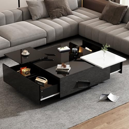 Merax Couchtisch quadratische mit 4 Schublade, Hochglanz Wohnzimmertisch mit kleine verschiebbare Tischplatte, kreativer Sofatisch Kaffeetisch Beistelltisch Mitteltisch für Büro, 75x75x33cm, Schwarz