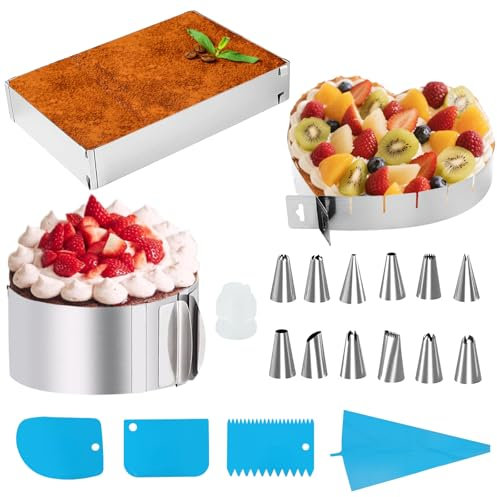 XINGNA 3 Stück Tortenring Verstellbar, Backrahmen Rechteckig Verstellbar, Herzform Backform, Edelstahl Tortenring Hoch 5cm mit Waage, Spritzbeutel, Spritztüllen-Set, für Die Torten-Zubereitung