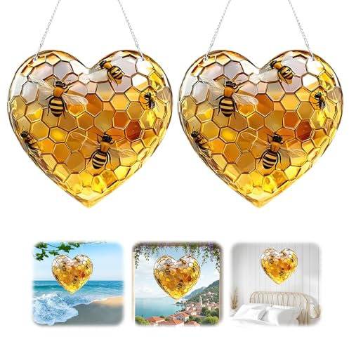 2Pcs Honeycomb Heart Suncatcher,Bee Window Hanging Decoration,Stained Glass Effect Acrylic Ornament,Garden Bee Lover Gift,Sun Catchers for Windows Beehive Home Indoor Outdoor Garden Decor