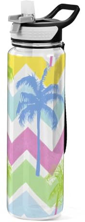 Petite bouteille d'eau transparente avec motif palmier - 1 L - Anti-fuite - En plastique Tritan sans BPA - Pour l'école, le bureau, la gym, le cyclisme