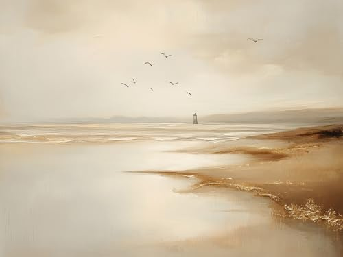 STYLER Leinwandbild Gilded Strands 70 x 100 cm I Küste Strand Meer Himmel Leuchtturm Vögel Naturmotiv I Bild Wohnzimmer Schlafzimmer Esszimmer XXL groß Leinwand I Verschiedene Motive & Größen