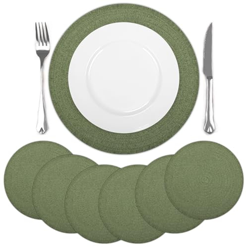 comfoyar Set di 6 Tovagliette Americane Verde Rotondo Intrecciato, Antiscivolo in Carta Tovagliette Americane con Nappina Corta Resistente al Calore per Cucina Decorazione, Tavola di Feste 38x38cm