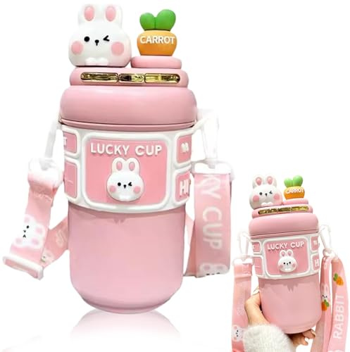 NIDONE Kawaii Water Bottle, 19Oz Stainless Steel Water Insulation Bottle With Straw & Adjustable Strap, Cute Rabbit Leak-Proof Bottles For Girls Sports Camping Travel (Pink), Kawaii