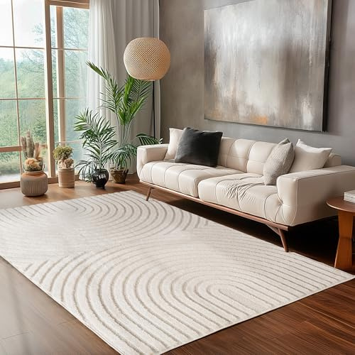 Carpettex Wohnzimmer Teppich 160x230 cm Creme Hochflor Skandi Boho Design Hoch-Tief Effekt Weicher Shaggy Langflor Flauschig Pflegeleicht Modern für couchtisch