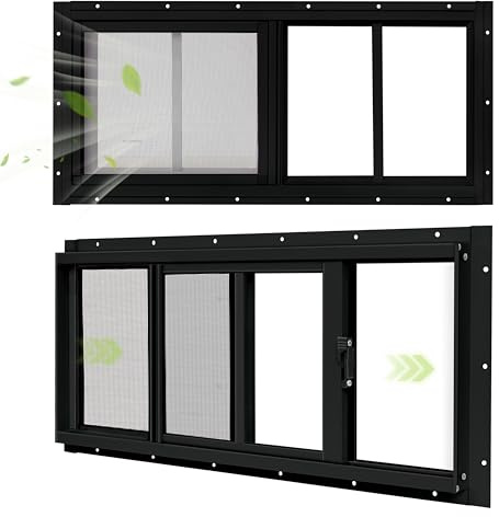 BOBIBAN 2 Stück Schuppenfenster, 25,4 x 45,7 cm, schwarzes Schiebefenster, geeignet für Hühnerstall, Schuppen, Haushalt, Scheune – Heckfenster mit gehärtetem Glas und Fiberglas-Bildschirm (BK, 25,4 x