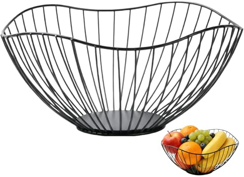 Black Wire Fruit Basket, Large Fruit Storage Basket, Hollowed Out Drainer Basket for Fruits, Bread, Crackers and Vegetables, Rust Resistant Kitchen Countertop Decorations, Top Choice for Home Decorat
