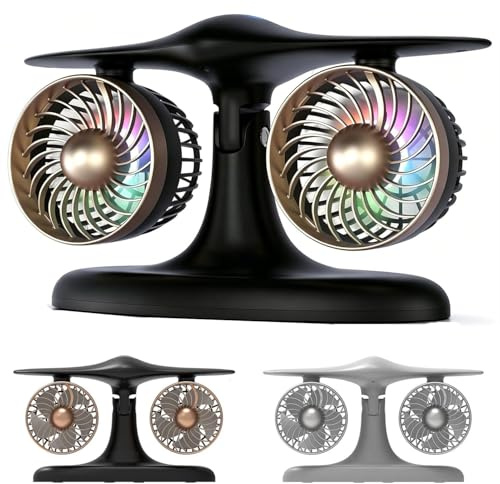 GUSHE Modern Portable Dual-Head Desktop Fan, Jet Engine Desk Fan, USB-C Rechargeable Table Fans with Colorful LED Lights, Creative Desktop Jet Fans Office Decor Gift for Men, Dad, Tech Lovers (Black)
