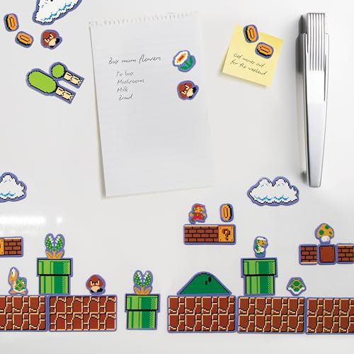 Set de imanes Super Mario Bros, crea tus propios niveles con 80 personajes e iconos magnéticos como Mario, Luigi, hongos y monedas, producto oficial Nintendo