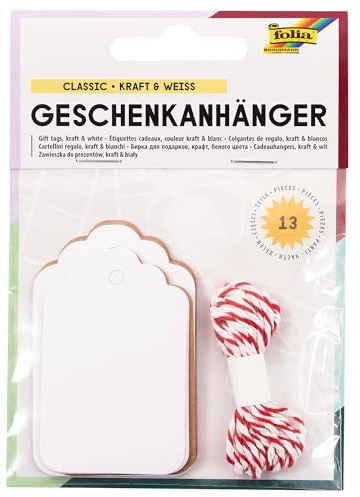 folia 12002 - Geschenkanhänger Classic lang, natur & weiß, 12 Stück, inklusive 2 m Schnur, zum individuellen Beschriften und Kennzeichnen der Geschenke
