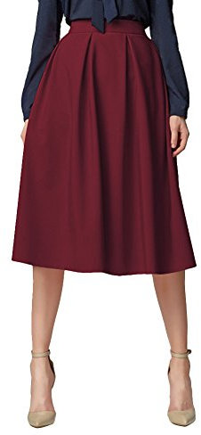 Urban GoCo Midi Jupe Plissée de Femmes Vintage De A-Ligne Taille Haute Jupe Longue avec Poches Vin Rouge M