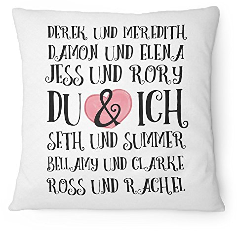 Fashionalarm Kissen Du & Ich Serien Paare - 40x40 cm mit Füllung | Geschenk Idee Greys A. Derek Vampire D. Damon Fan Serie Valentinstag Jahrestag, Farbe:weiß